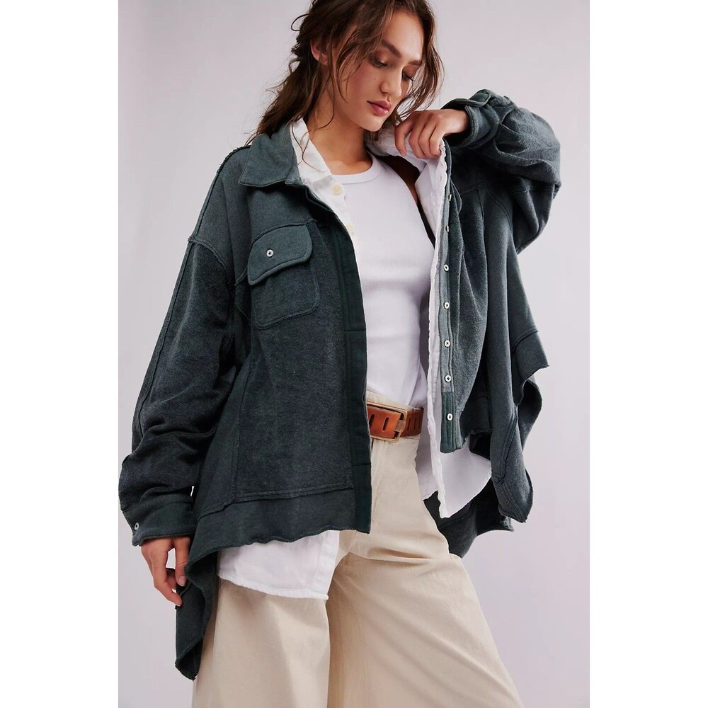 Free People Riley Sweatshirt Top Buttondown Slouchy Oversized Collared S 271404 - Picture 2 of 7